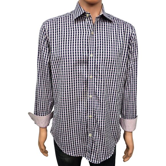 JOHNSTON & MURPHY Dress Shirt Sz M Tailored fit Contrast Flip Cuff Gingham check - Picture 1 of 13